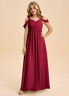 Azazie Lianne Junior Burgundy A-Line Off the Shoulder Chiffon Dress image3