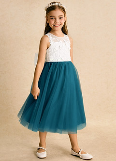 Azazie Lina Flower Girl Dresses Ivory Ink Blue Ball-Gown Lace Dress image3