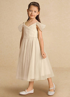 Azazie Lizzette Flower Girl Dresses Champagne A-Line Ruched Tulle Dress image5