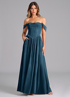 Azazie Hattie Bridesmaid Dresses Blue Topaz A-Line Ruched Velvet Dress image1