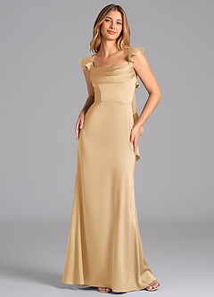 Azazie Adi Bridesmaid Dresses Gold A-Line Pleated Stretch Satin Dress image4