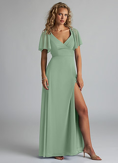 Azazie Induh Brautjungfernkleider A-Linie Flattert V-Hals Gittergewebe Kleid Matcha image3