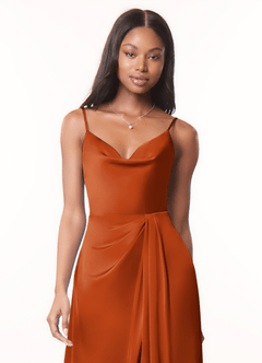 Azazie Brielle Jurken voor bruidsmeisjes Jurk van Stretch Satijn met A-Lijn Kap spaghettibandjes Verbrande Sinaasappel image4