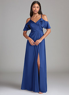 Azazie Dakota Bridesmaid Dresses Royal Blue A-Line Off the Shoulder Stretch Satin Dress image3