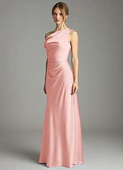 Azazie Emerson Robes de demoiselle d'honneur Robe Sirène en Satin extensible Épaule décolletée Rose Poudré image4
