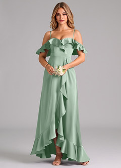 Azazie Lyra Bridesmaid Dresses Agave A-Line Off the Shoulder Stretch Satin Convertible Dress image5