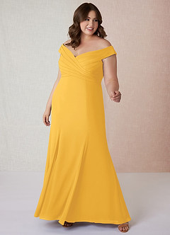 Azazie Lecia Bridesmaid Dresses Marigold Empire Off-The-Shoulder Pleated Chiffon Convertible Dress image8
