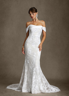 Azazie Harrah At-home Try On Dresses Diamond White Mermaid Off the Shoulder Lace Dress image1