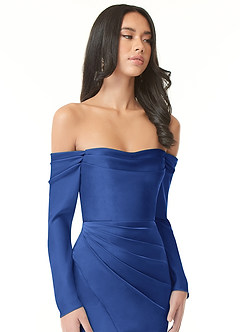 Azazie Hallie Bridesmaid Dresses Royal Blue Sheath Off-The-Shoulder Long Sleeve Stretch Satin Convertible Dress image1