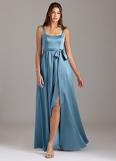 Azazie Elliott Bridesmaid Dresses Steel Blue A-Line with Pockets Stretch Satin Dress image5