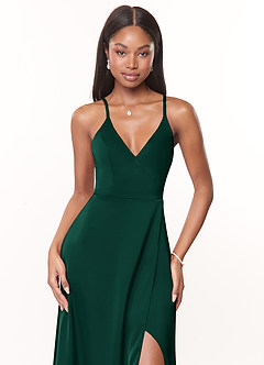 Azazie Maksim Bridesmaid Dresses Emerald A-Line V-Neck Stretch Satin Dress image5