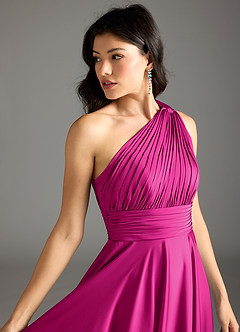 Azazie Charlize Bridesmaid Dresses Fuchsia A-Line One Shoulder Stretch Satin Dress image7