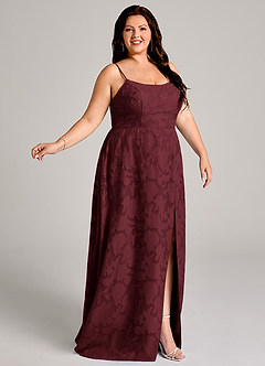 Azazie Moira Bridesmaid Dresses Cabernet A-Line Side Slit Floral Burnout Dress image9