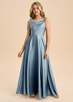 Azazie Popsy Junior Abito A-Line in Raso Elasticizzato Fiocco Blu Polveroso image3