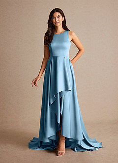 Azazie Niles Mother of the Bride Dresses Steel Blue A-Line Trains Stretch Satin Dress image8