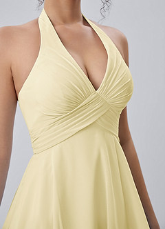Joviannelle Butter Yellow Halter Ruched Chiffon Mini Dress image7