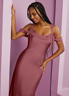 Barbie ♥ Azazie Robes de demoiselle d'honneur Robe Fourreau en Satin extensible Plissée Rose Du Désert image7