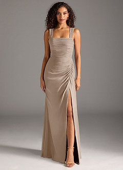 Azazie Jesaphine Bridesmaid Dresses Taupe Sheath Bow Chiffon Dress image5