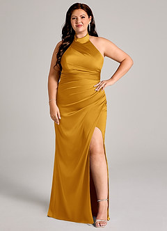 Azazie Jemma Bridesmaid Dresses Butterscotch Sheath Pleated Stretch Satin Dress image10