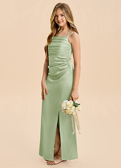Azazie Nova Junior Dusty Sage A-Line Pleated Stretch Satin Dress image4