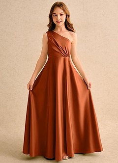 Azazie Puddles Girls Formal Flower Girl Dresses Burnt Orange A-Line One Shoulder Matte Satin Dress image5