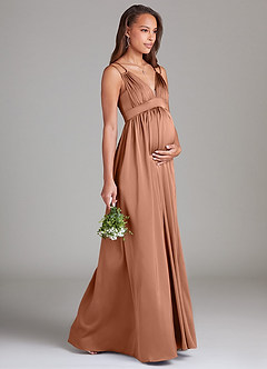 Azazie Emree Brautjungfernkleider für Schwangere A-Linie mit Taschen Stretch-Satin Bodenlänge Kleid image4