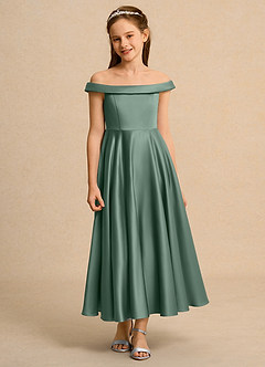 Azazie Teeny Junior Formal vestidos de niña de las flores Vestido de Eucalipto de Satin Mate de Corte En A con Plisado image6