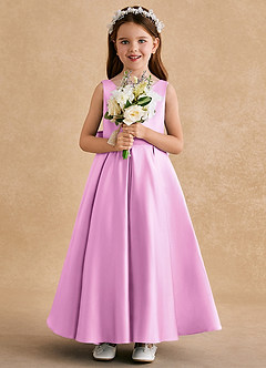 Azazie Honey Bear Flower Girl Dresses Candy Pink A-Line Pleated Matte Satin Dress image3