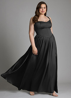 Azazie Francis Vestidos de damas de honor Vestido Negro de Satén Elástico de Línea A con Corsé image13