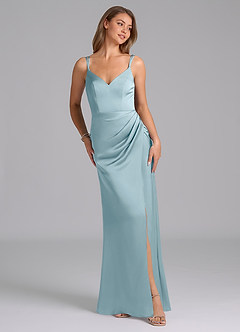 Azazie Leo Bridesmaid Dresses Moody Blue Sheath Pleated Stretch Satin Dress image4
