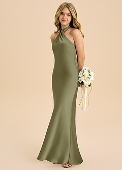 Azazie Chickie Junior Vestido de Pistacho de Satén Elástico de Corte Recto con Plisado image1