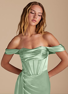 Azazie Amyra Brautjungfernkleider Wandelbar Meerjungfrau-Linie Herzausschnitt Metallischer Satin Kleid Matcha image7