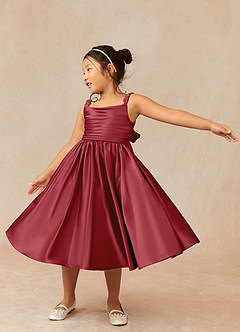 Azazie Cutie Pie Flower Girl Dresses Pomegranate A-Line Pleated Matte Satin Dress image3