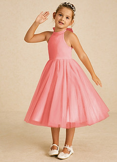 Azazie Dora Flower Girl Dresses Coral A-Line Bow Tulle Dress image2