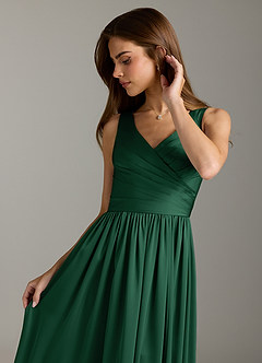 Azazie Keyla Bridesmaid Dresses Dark Green A-Line Pleated Stretch Satin Dress image8