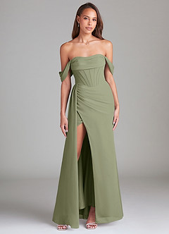 Azazie Amyra Bridesmaid Dresses Pistachio Sheath Off the Shoulder Chiffon Convertible Dress image1