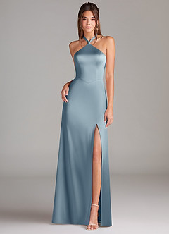 Azazie Elliana Robes de demoiselle d'honneur Robe Trapèze en Satin extensible Fente Latérale Bleu Poussiéreux image4