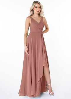 Azazie Calvi At-home Try On Dresses Champagne Rose A-Line Ruched Chiffon Dress image3