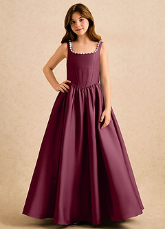 Azazie Enid Girls Formal Flower Girl Dresses Mulberry A-Line Beaded Stretch Satin Dress image4