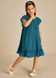 Azazie Tot Flower Girl Dresses Ink Blue A-Line with Sleeves Chiffon Dress image3