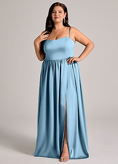 Azazie Calianna Robes de demoiselle d'honneur Robe Trapèze Convertible en Satin extensible Épaule décolletée Acier Bleuté image9