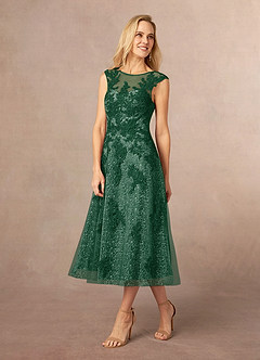 Azazie Flynn vestidos de madre de la novia Vestido de Verde Oscuro de Tul de Corte En A con Cuello barco encaje image2