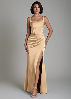 Azazie Amora Bridesmaid Dresses Champagne Mermaid Corset Stretch Satin Dress image1