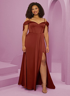 Barbie ♥ Azazie Bridesmaid Dresses Terracotta A-Line Off the Shoulder Stretch Satin Dress image8