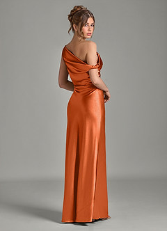 Azazie Emerson Bridesmaid Dresses Burnt Orange Mermaid Off the Shoulder Metallic Satin Dress image6