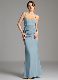 Azazie Jolene Robes de demoiselle d'honneur Robe Sirène en Jersey extensible de qualité supérieure Col Carré Bleu Poussiéreux image1