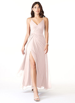 Azazie Evalin Bridesmaid Dresses Blushing Pink A-Line V-Neck Pleated Mesh Dress image1