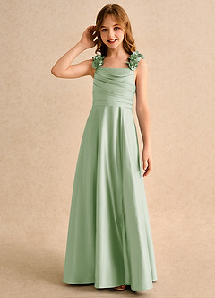 Azazie Rosita Junior Formal Robe Demoiselle D'honneur Fillette Robe Trapèze en Mat Satiné Plissée Vert Sauge image6