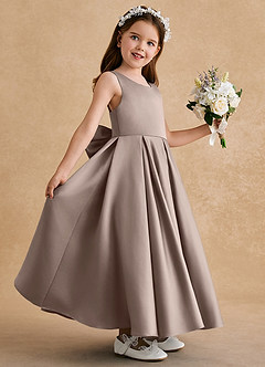 Azazie Honey Bear Flower Girl Dresses Taupe A-Line Pleated Matte Satin Dress image5