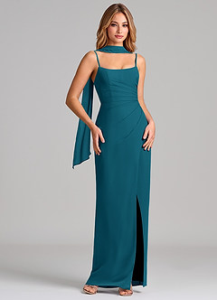 Azazie Calandra Bridesmaid Dresses Ink Blue Sheath Pleated Chiffon Dress image1